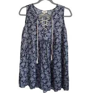 Umgee Tunic Top Mini Dress Sz S Lace Up Pockets Navy White Sleeveless Beachy